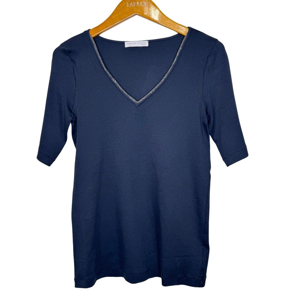 Fabiana Filipi V-Neck Top Large Blue Made in Italy